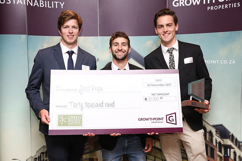 The winners of the 2017 Greenovate Awards: the Department of Construction Economics and Management team of (from left) Nicholas Tennick, Daniel Navarro and Mark McCormick. 