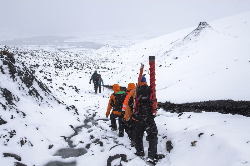 A team of scientists en route to an ice core drilling site. Photo Jean-François Lagrot for ACE.