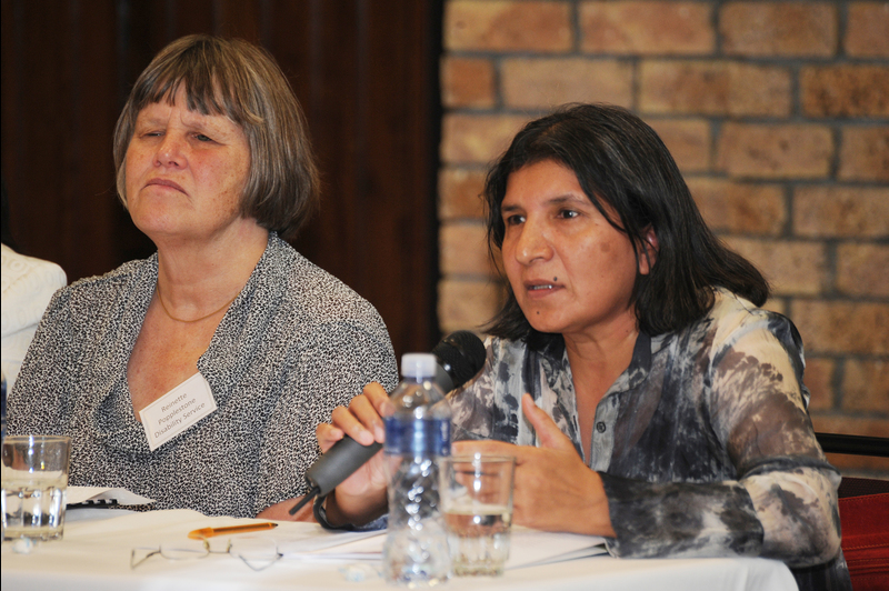 Disability Colloquium 25/27 March 2013. UN Special Rapporteur on Violence, Prof Rashida Manjoo (Key note Speaker) right and Reinette Popplestone (Head of UCT, Disability Service) Barnard Fuller Building, Health Sciences. 25 March 2013.