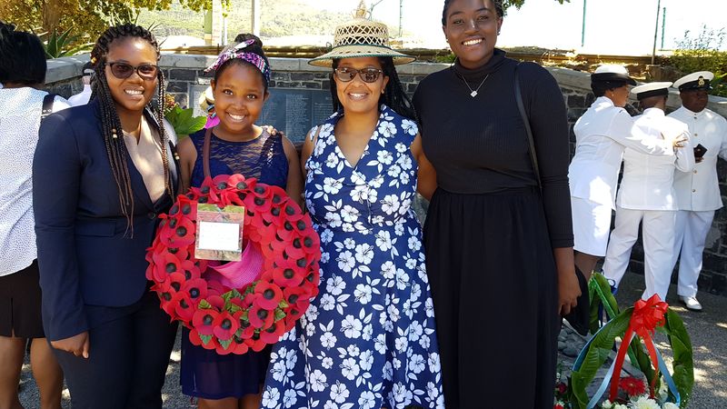 Khanyisile Mahlangu (head student), Tsepang Ramokhoabane, Mutamo Ramafekeng (acting assistant warden) and Tafadzwa Chitagu (Green Campus Initiative representative) from Tugwell Hall at the UCT Mendi Memorial.