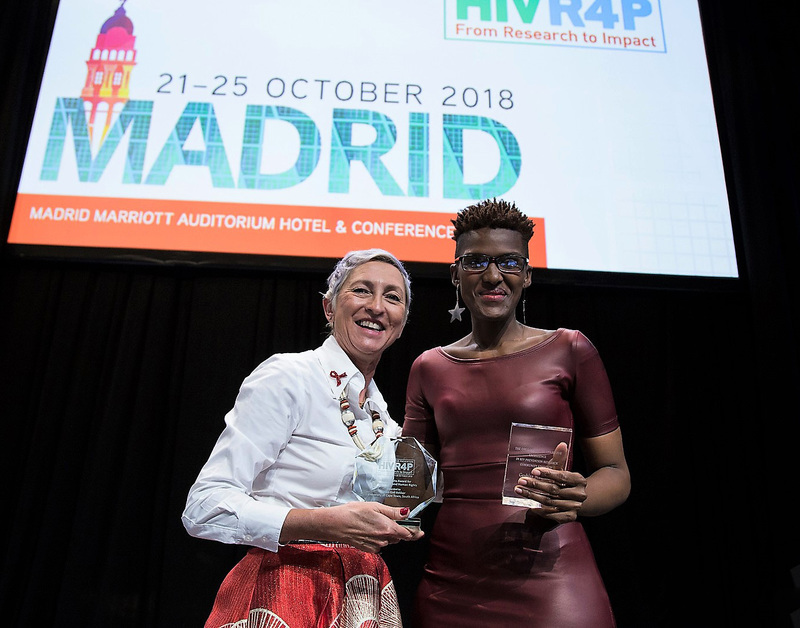 UCT’s Prof of Medicine Linda-Gail Bekker (left) with the 2018 Desmond Tutu Award for HIV Prevention Research and Human Rights. She is seen here in Madrid with fellow South African Gcobisa Madlolo, who became the fifth recipient of the Omolulu Falobi Award for Excellence in HIV Prevention Research Community Advocacy.