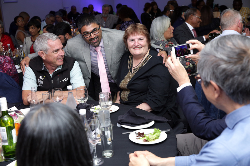 UCT’s chief operating officer Dr Reno Morar (centre) poses for a photograph with Professor Malcolm Collins (left) and Professor Susan Kidson.