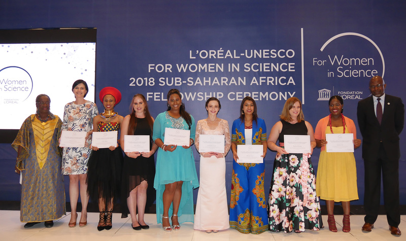 The South African fellows (from left) Charlene Goosen, Lerato Hlaka, Andrea Wilson, Shalena Naidoo, Marilize Everts, Harshna Jivan, Madelien Wooding and Takalani Cele, with Professor Rose Leke, Professor of Immunology and Parasitology at the University of Yaounde in Cameroon (far left), and Professor Nelson Torto, executive director of the African Academy of Sciences (far right).