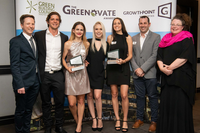 Photographed at the Greenovate Awards aere (from left) Dr Dyllon Randall (civil engineering), Michael Inskip (property studies), Chloe Bolton (civil engineering), Morgan Knowles (property studies), Samantha Johnson (property studies), and Saul Nurick and Karen Le Jeune (supervisors, property studies).