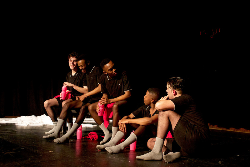 The all-male cast includes (from left) Adam Lennox, Tevin Musara, Mphumzi Nontshinga, Simphiwe Shabalala and Cullum&nbsp;McCormack.<b> Photo</b> Micaela Plett.