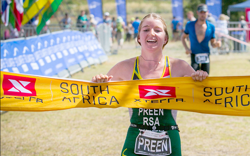 Hayley Preen breaks the tape for her impressive qualifying win at the South African leg of the XTERRA Triathlon World Championships.