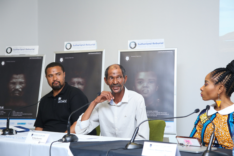 Family representatives of the Sutherland Abraham and Stuurman families, Anthony Mietas (left) and Alfred Stuurman address the press conference. On the right is UCT VC Prof Mamokgethi Phakeng.