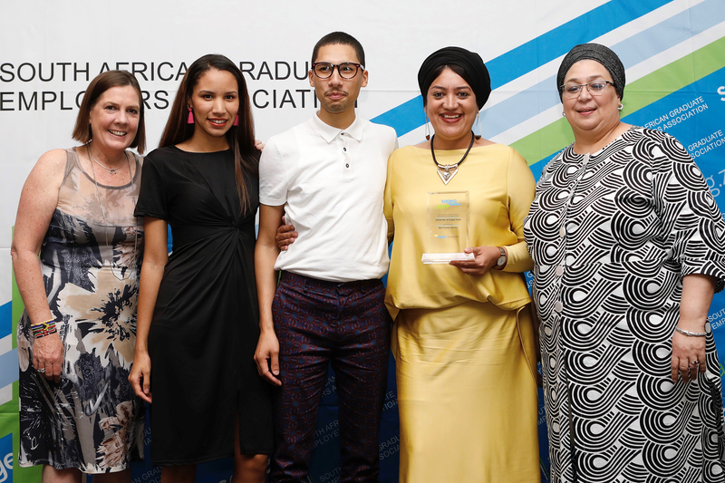 UCT’s winning team includes (from left) Mastercard Foundation Scholars Program careers advisor Jean Alfeld, graduate recruitment coordinator Stephanie Idas, acting head of employer relations and graduate recruitment coordinator Hishamodien Hoosain, acting director of UCT Careers Service Nawaal Boolay, and Nadia Waggie, head of operations.