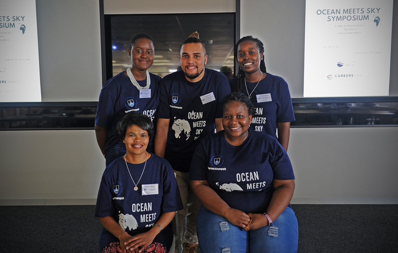 The “Ocean Meets Sky” symposium organising committee: (Back row, from left) Liisa Shangheta, Wade de Kock and Wanjiru Thoithi, (Front row, from left) Faith February and Precious Mahlalela.