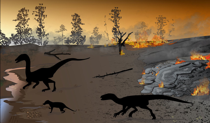 Reconstruction of the ancient environment at the Highlands trace fossil site about 183 million years ago.<b> Artwork</b> Akhil Rampersadh. Heterodontosaurid silhouette is courtesy of Viktor Radermacher. Courtesy, PLoS ONE.