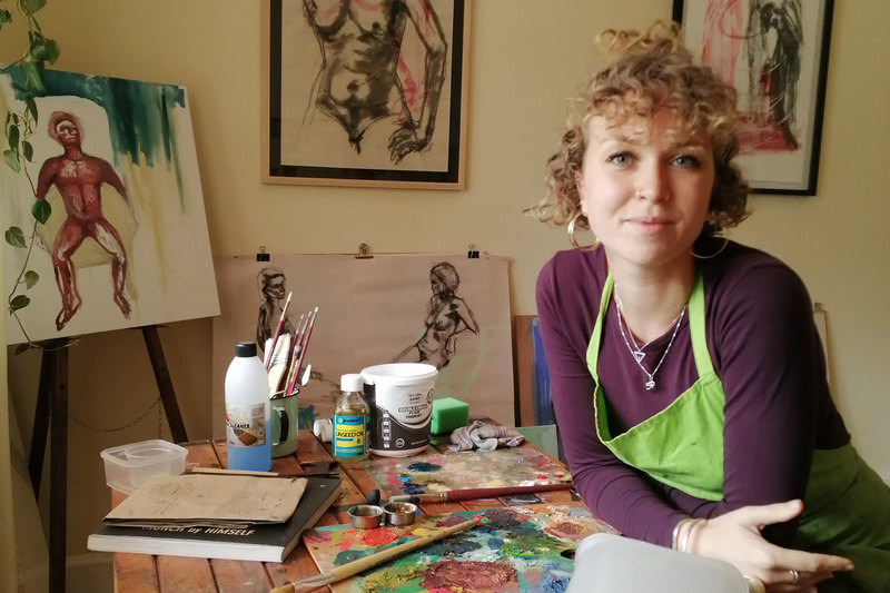 Catriona Towriss in her art studio, her creative refuge, at home.