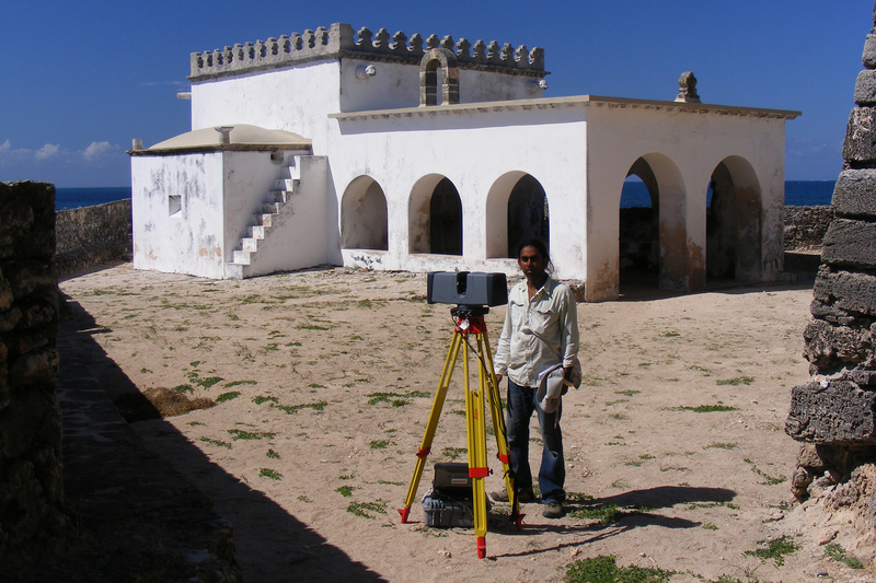 Roshan Bhurtha, one of the chief scientific officers at the Zamani Project, maps the Chapel of Nossa Senhora de Baluarte in Mozambique. 