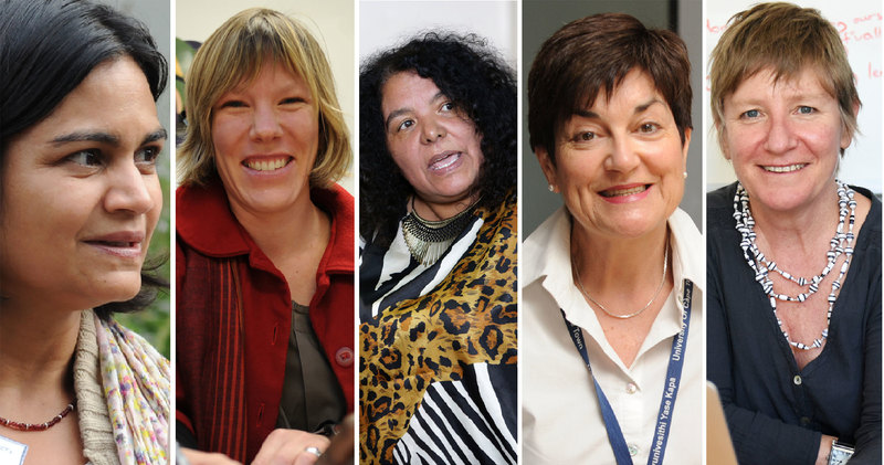 The four recipients of the 2019 socially responsive course development grants and panel moderator (left to right): Associate Professor Zarina Patel, Dr Kathryn Ewing, Dr June Bam-Hutchison, Emeritus Associate Professor Una Kyriacos and Associate Professor Janice McMillan.