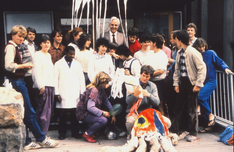 Jellyfish Mating Day, circa 1984, outside the then Zoology Building. Note the ‘jellyfish’ hanging from above and the larger one in the foreground. <b>Photo</b> Supplied.