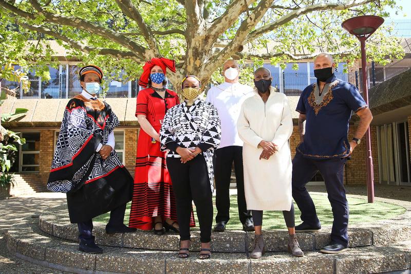 The Faculty of Health Sciences’ leadership team, from left to right: Prof Ambroise Wonkam (deputy dean: research), Dr Kerrin Begg (deputy dean: undergraduate education), Dr Tracey Naledi (deputy dean: health sciences), Assoc Prof Lionel Green-Thompson (dean), Prof Elelwani Ramugondo (deputy dean: postgraduate education) and Nave Naidoo (director: faculty operations).