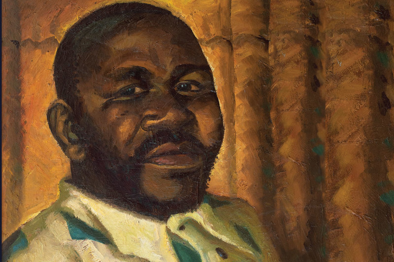George Pemba’s “Portrait of the Barman from Fourways” is a classic portrait, with a man’s face and bust filling the frame. 