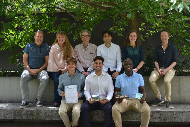 (Back, from left) Manfred Braune (director: UCT Environmental Sustainability), Karen le Jeune (senior lecturer, CEM), Mark Massyn (senior lecturer, CEM), Alireza Moghayedi (senior research officer, CEM), Emma Horn, PhD candidate (civil engineering), and Assoc Prof Dyllon Randall (civil engineering and the Future Water Institute). (Front) Barret de Willers (BSc (Hons) in Quantity Surveying), Tristan Fernandes (BSc (Hons) in Property Studies) and Karabo Makole (BSc (Hons) in Civil Engineering).