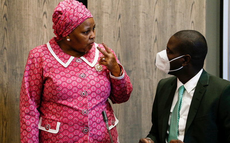 Commissioner Nosiviwe Mapisa-Nqakula with Minister Ronald Lamola on Day 3 of the interviews for South Africa’s next Chief Justice at Park Hotel on 3 February 2022 in Sandton.