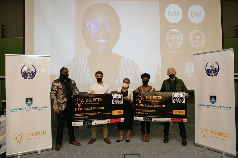 The Pitch UCT 2021. From left: Frank Karigambe, Julian Reid (1st place), VC Prof Mamokgethi Phakeng, Tshegofatso Masenya (third place), Prof Martin Hall and Chido Dzinotyiwei (third place winner).