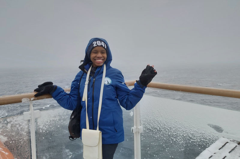 An icy welcome to Antarctica for Madina Mothupi, one of two UCT students among 150 young leaders chosen from 38 nations for the 2041 ClimateForce Antarctica Expedition tackling climate change. The other UCT student was Catherine Dunn. <b>Photo</b> Madina Mothupi.