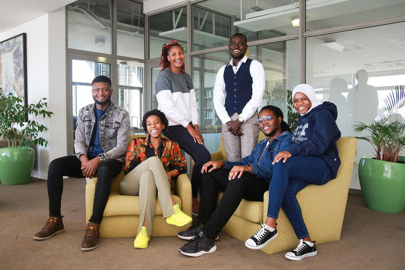 Mastercard Foundation Scholars (from left, back) Bright Tetteh, Gamuchirayi Manyadzi and Iyanuoluwa Oyetunji. (From left, front) Simamnkele Dingiswayo, Simbarashe Kaneunyenye and Sharifa Negesa.