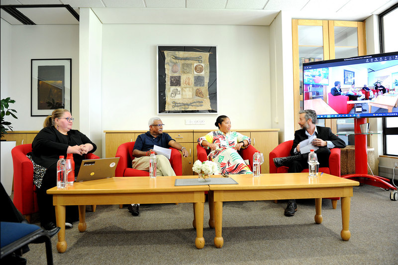 Panellists engage in a discussion on the future of libraries in service of law. Mariya Badeva-Bright (left), Reggie Raju and Anthea Paulsen (middle) and Assoc Prof Tobias Schonwetter (right). 