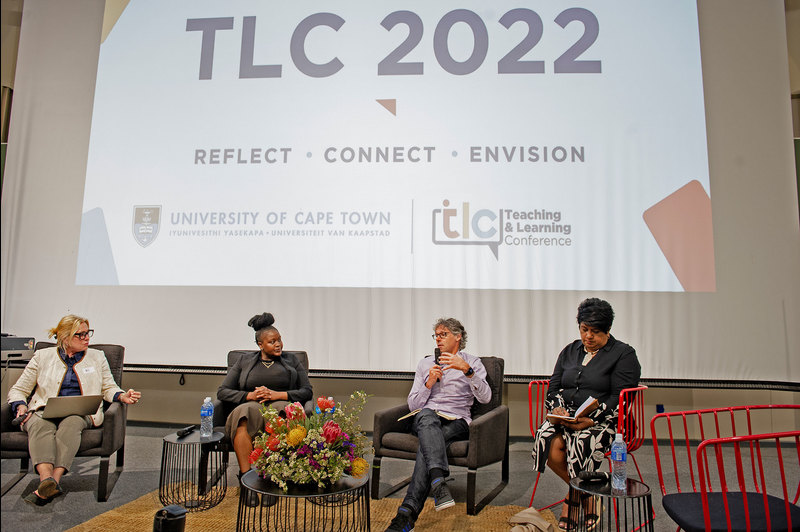 The first panel discussion of TLC2022 was held on Tuesday, 25 October. Alison Meadows (left), Yanganani Sibeko and Richard Perez (centre) and Assoc Prof Kasturi Behari-Leak participated.  