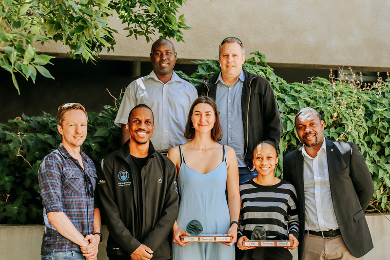 Winners and supervisors (from left, back) Dr John Okedi and Manfred Braune. (Front) Assoc Prof Dyllon Randall, Msawenkosi Mkhize, Anna Reid, Mbali Mahlangeni and Dr Frank Ametefe. (Not in picture: Toneka Pasiwe). <b>Photo</b> Mary Hilton.