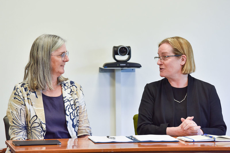 Prof Sue Harrison (left) and Prof Evelyn Welch at the signing of the agreement.