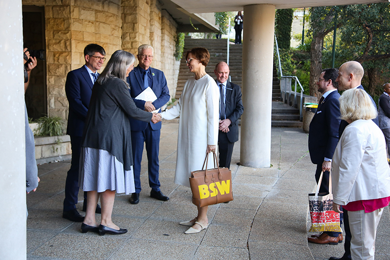 Germany’s minister of Education and Research, Bettina Stark-Watzinger, is welcomed by Professor Sue Harrison, UCT’s deputy vice-chancellor for Research and Internationalisation.