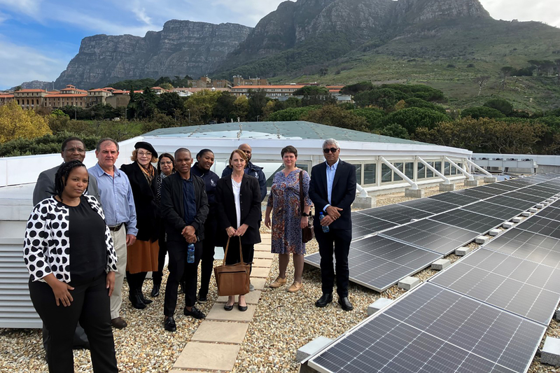 Some attendees of the AGM joined the green building tour that Manfred Braune led, including a visit to the roof of UCT’s Hasso Plattner d-school Afrika to see the solar PV renewable energy system, the rainwater collection design and the natural ventilation system of the building created via the triple volume lobby space with automatically openable windows at the top.