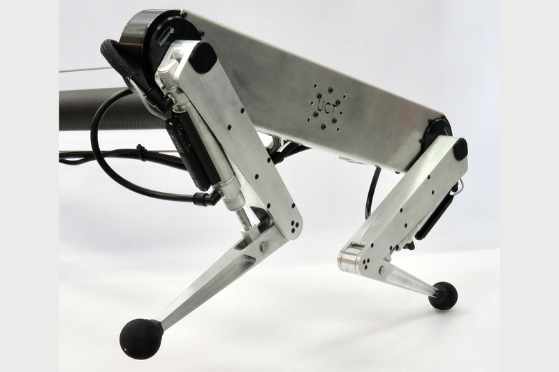 Kemba, a legged robot which combines powerful robust pneumatic actuators at the knees, with finely controlled electric motors at the hips, for dynamic and agile manoeuvres.