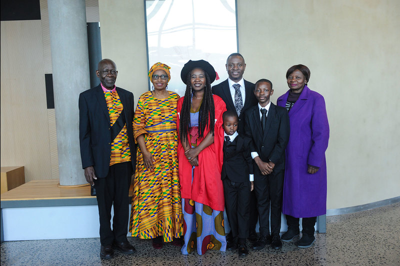 Prof Salome Maswime (in academic gown) delivered her inaugural lecture on 12 July and was photographed with her biggest supporters (from left) her father, Professor Phillip Moila; her mother, Patricia Moila; husband, Gundo Maswime; sons Farai and Taurai; and her mother-in-law, Grace Maswime.