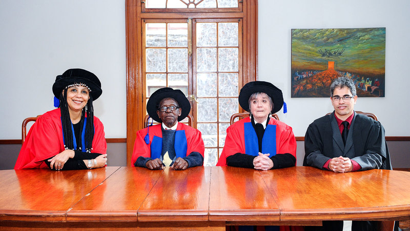 Four esteemed South Africans were awarded UCT hon docs during a one-day graduation ceremony on 21 July. Pictured here ahead of the graduation ceremony are Dr Colette Solomon (left), Tete Mbambisa, Josette Cole, and Jay Williams, the late Veronica Williams' younger son, who accepted her posthumous honorary doctorate.