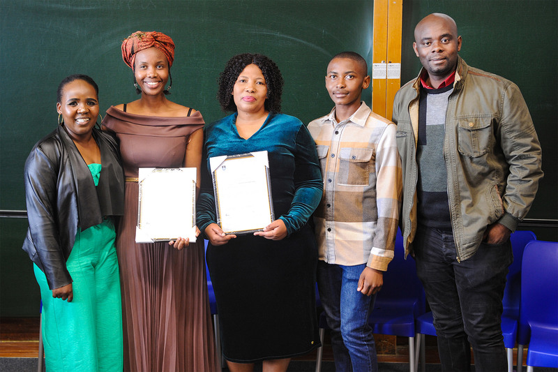 Winners of the Stella Clark Teachers’ Award, Aphiwe Mpahleni and Bulisa Dyushu-Gophe (centre), flanked by their nominators Thabisa Sagela (left) and Asivile Mphokeli (right), pictured here with award sponsor Jamala Safari from the HCI Foundation (far right).