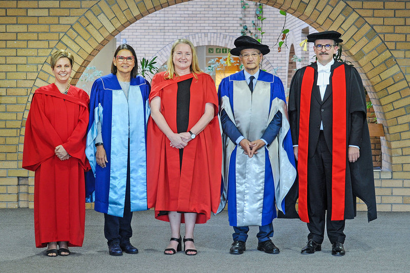 Prof Jacqueline Yeats (middle) delivered her inaugural lecture in the Oliver Tambo Moot Court, Faculty of Law pictured with her are (from left) Prof Michelle Louw, head of department: Commercial Law; Emer Prof Linda Ronnie, acting deputy vice-chancellor: Teaching and Learning; Prof Daya Reddy, VC interim; and Prof Johann Hattingh, deputy dean: Postgraduate Studies, Faculty of Law.