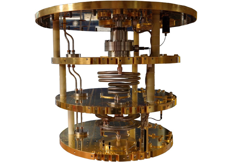 Inside structure of the dilution fridge. The gold plate at the bottom is where experiment is attached. This structure is contained within a vacuum-tight vessel and the bottom plate can get as low at 7 mK.   