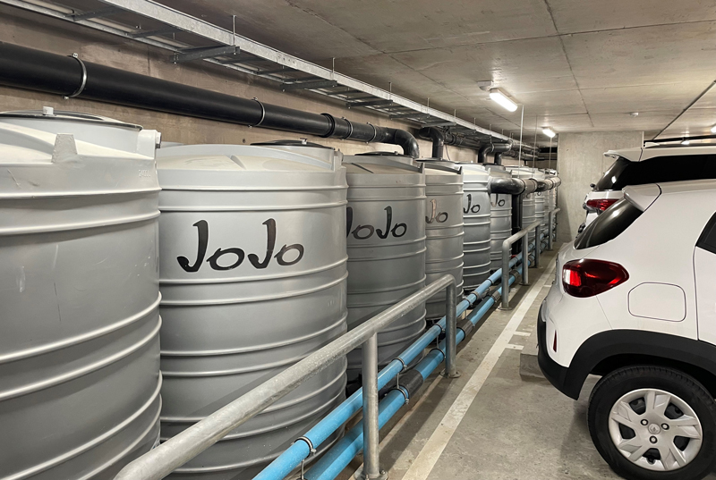 Rainwater storage tanks at the d-school Afrika at UCT are used to irrigate gardens and flush toilet and are integral to creating a water-sensitive campus.  