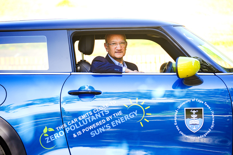 VC interim Emer Prof Daya Reddy in an environmentally friendly Mini Cooper