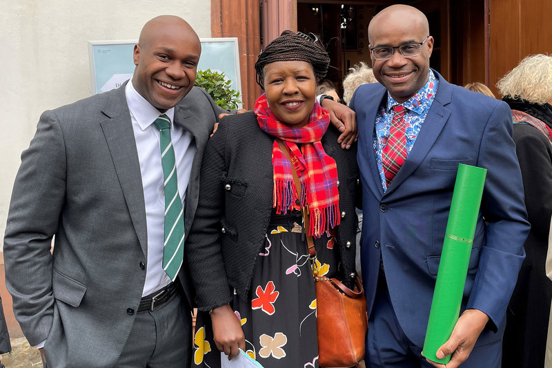Prof Kelly Chibale (right) with his son, Suwilanji (ex-Ikey Tiger and UCT alumnus), and his wife, Bertha, at the University of Basel. <b>Photo</b> Supplied.