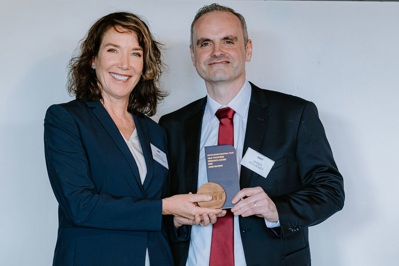 Dr James Keaveney (right) with Oppenheimer Memorial Trust chair, Rebecca Oppenheimer.