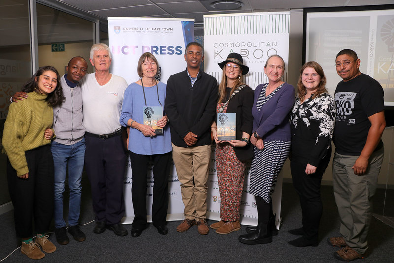 The editors, discussant, and some of the authors at the book launch. Left to right: Hana Petersen, Boitumelo Malope, Timm Hoffman (editor), Cherryl Walker (editor), Igshaan Samuels, Renelle Terblanche, Emma Archer, Stephanie Borchardt, Clement Cupido. <b>Photo</b> Clement Cupido.