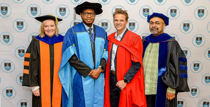 (From left): Assoc Prof Sarah Fawcett, VC Prof Mosa Moshabela, Prof Marcello Vichi and Prof Hussein Suleman.