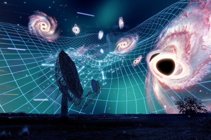 Regular observations of 80 millisecond pulsars (shown here as bright point sources emitting white radio beams) over the last five years with MeerKAT have revealed evidence for a gravitational wave background. These ripples in spacetime are likely caused by a population of inspiraling supermassive black holes that reside at the heart of massive galaxies (depicted as pink spirals). <b>Photo:</b> Carl Knox, OzGrav, Swinburne University of Technology and South African Radio Astronomy Observatory.