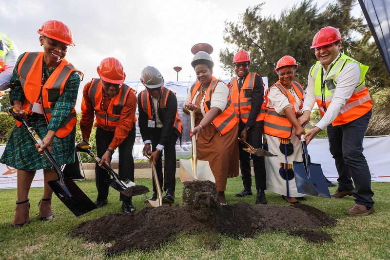 The turning of the sod event took place on Friday, 13 February. Pictured here (from left): Prof Mashiko Setshedi, Prof Lionel Green-Thompson, Lehlogonolo Masoga, Dr Mimmy Gondwe, Prof Mosa Moshabela, Prof Nonhlanhla Khumalo and Professor Ardeshir Bayat.