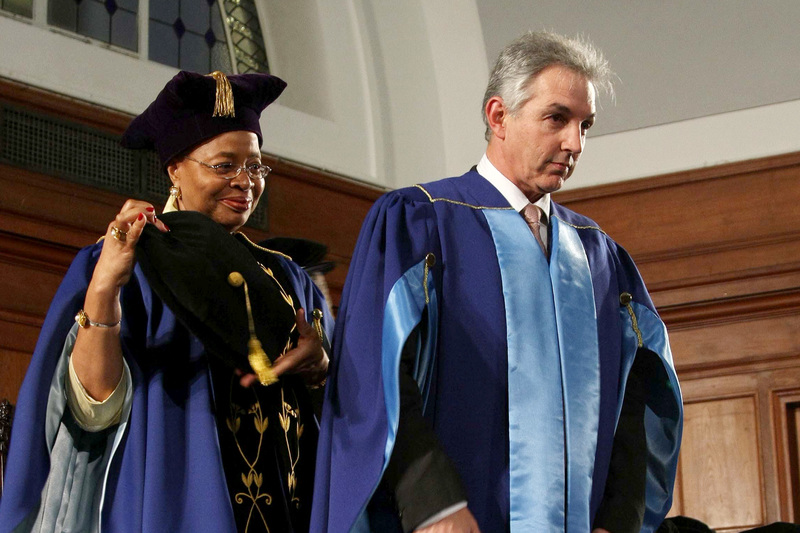 New chapter: Chancellor Mrs Graça Machel invests Vice-Chancellor Dr Max Price with his robe of office at his installation in Jameson Hall.