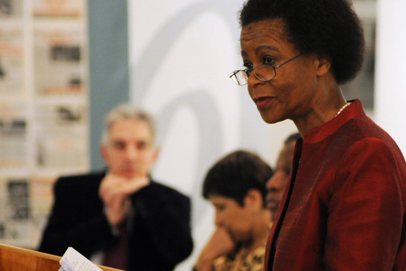 Open discussion: Dr Mamphela Ramphele speaks at the launch of the Open Society Monitoring Index, also discussed by (in background) Dr Max Price, Zohra Dawood and Archbishop Thabo Makgoba.