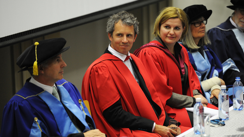 Prof Alexander Paterson with the platform party at his inaugural lecture: Vice-Chancellor Dr Max Price (first from left), Prof&nbsp;Hanri Mostert (third from left) and Deputy-Vice-Chancellor Prof Sandra Klopper (fourth from left).