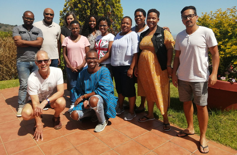 Zevenwacht writing retreat. Back, from left to right: Walter Nevondo, Ojelanki Ngwenyama, Hanne Westh Nicolajsen, Ayanda Pekane, Philile Mbatha, Kentse Mpolokeng, Tabisa Mayisela, Xolisa Guzula, Amanda Mtya, Colin du Sart. Front: Robert Morrell, Mochelo Lefoka.