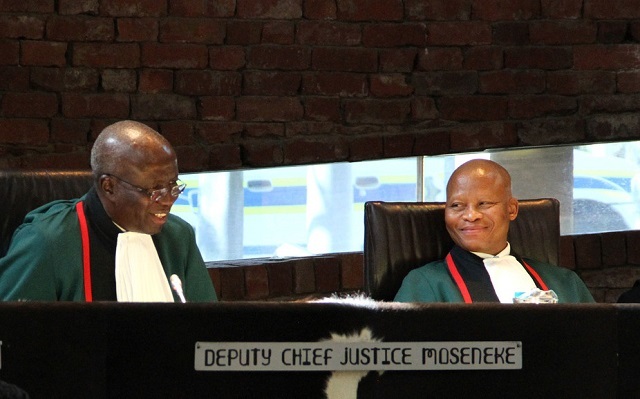 Deputy chief justice Dikgang Moseneke, left, and. chief justice Mogoeng Mogoeng at a special session to mark Moseneke’s retirement.